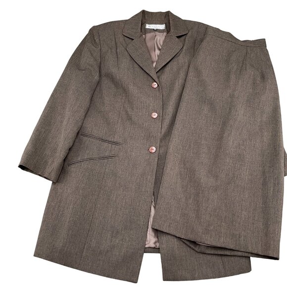 Travis Ayers Skirt Suit Women 14W Brown Woven Poly Mid Length Classic Career 2pc - Picture 1 of 16